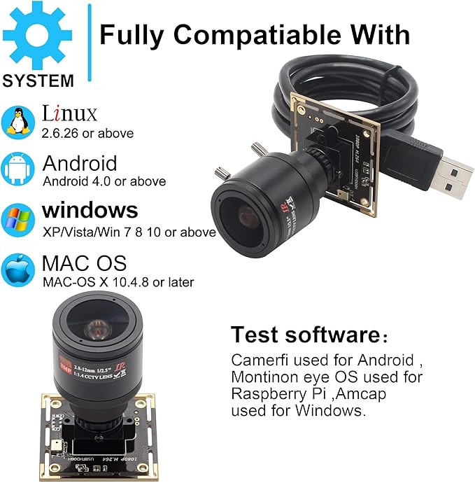 2.8-12mm Varifocal Lens 2MP Webcam 1080P H.264 USB Camera Module HD Webcamera 0.01Lux Low Illumination Mini Camera for PC Laptop Windows Linux Mac Android