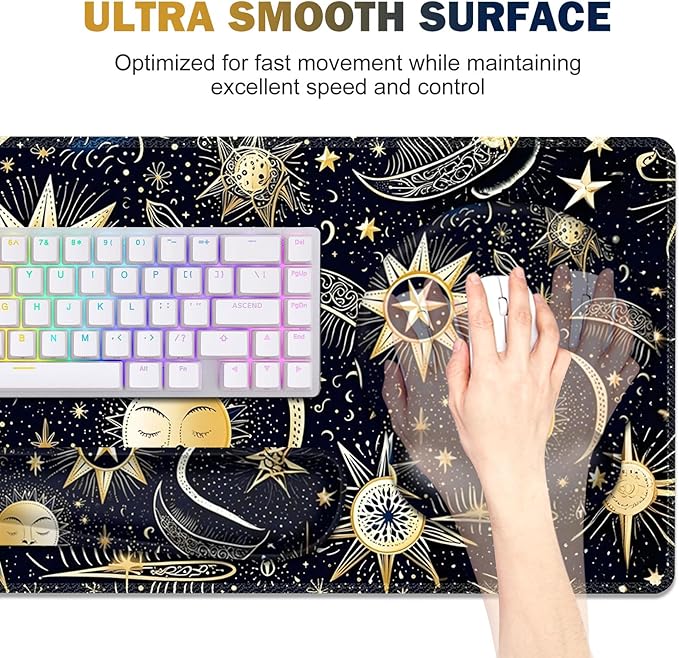 Gaming Mouse Pad Large Desk Mat Cute Desk Pad Protector 4in1 XXL Mousepad + Keyboard Wrist Rest+Mouse Wrist Rest+Coaster Set with Ergonomic Desk Pad for Home Office PC Computer Stars and Moon