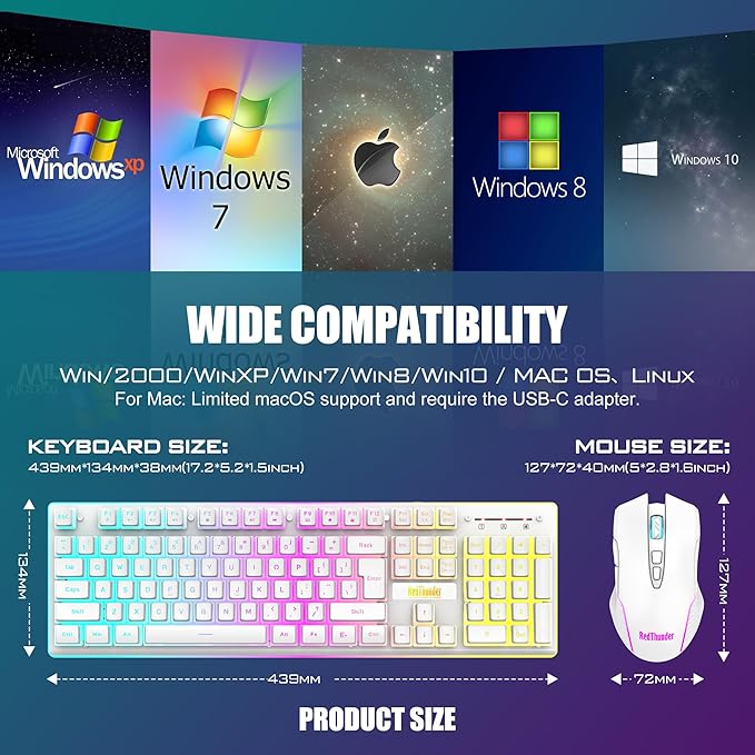 RedThunder K10 Wireless Gaming Keyboard and Mouse Combo RGB Backlit Rechargeable 3800mAh Battery Mechanical Feel Anti-ghosting Keyboard + 7D 3200DPI Mice for PC Gamer(White Pudding)