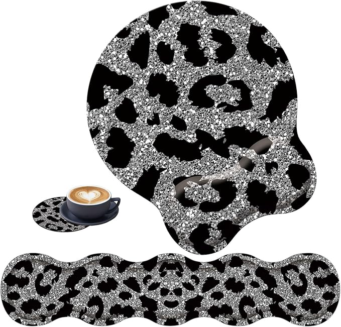 3 in 1 Keyboard Wrist Rest + Mouse Pad and Coaster Ergonomic Gel Mouse Pad and Keyboard Pad Set Comfortable Lightweight for Easy Typing Pain Relie Leopard Print Pattern