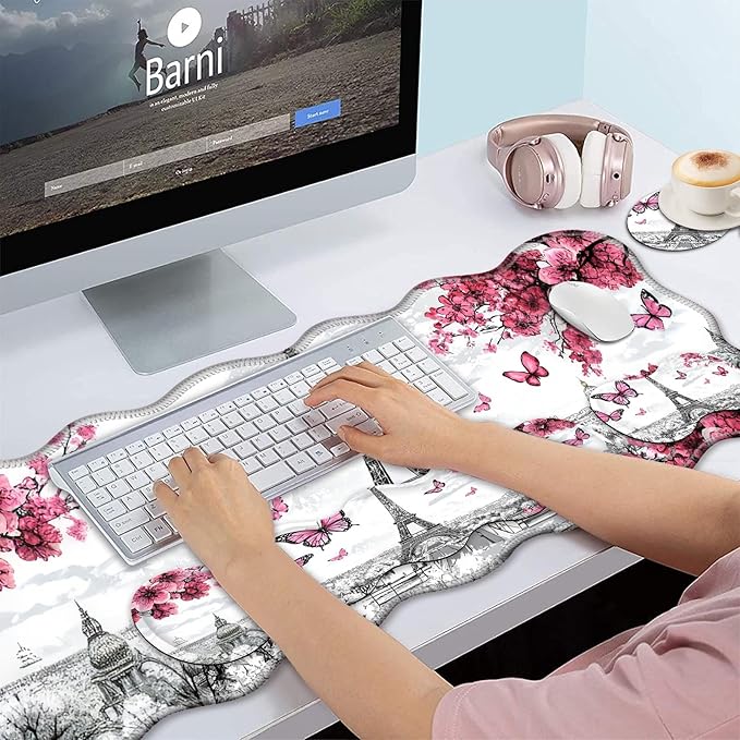 Bxgolkgd Desk Mat SetMouse Pad with Keyboard Wrist Rest &amp Mouse Wrist RestWave-Shaped DesignNon-Slip Rubber BaseErgonomic Desk Mat for HomeOfficeGamingButterfly Eiffel Tower