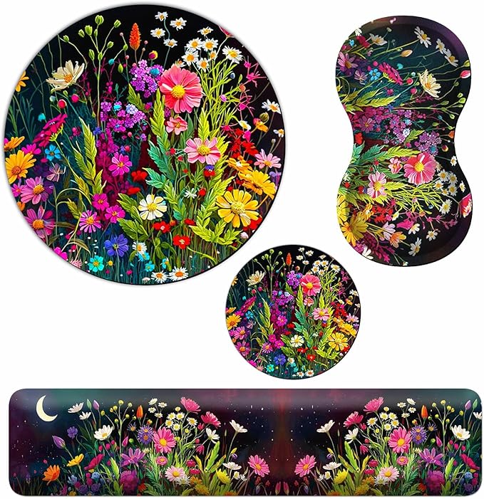 Mouse Pad with Wrist Rest + Keyboard Wrist Rest + Gaming Mouse Pad + Coasters Ergonomic Memory Foam Wrist Pad Set with Easy Typing &amp Pain Relief for Computer Laptop Office &amp Home - Floral Flow