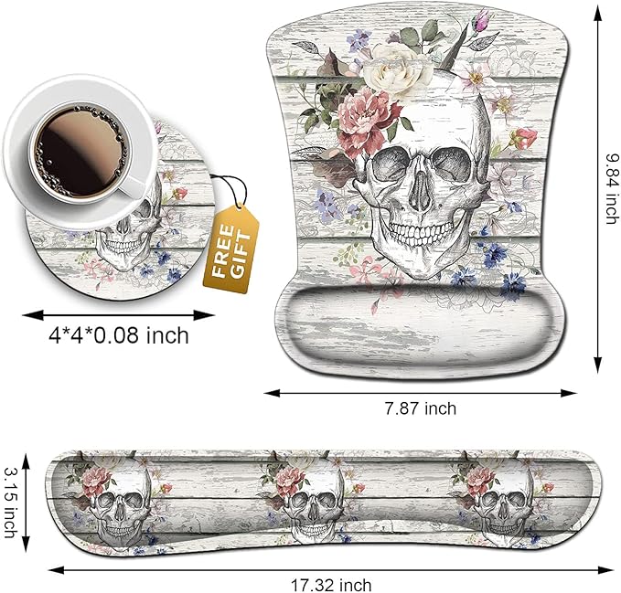 Mouse Pad with Wrist Support Ergonomic Gel Mouse Pad Memory Foam Keyboard Wrist Rest Suitable for Office Typing Games Desktop Decoration Pattern Design of Skull Skeleton Flowers on Vintage Wood