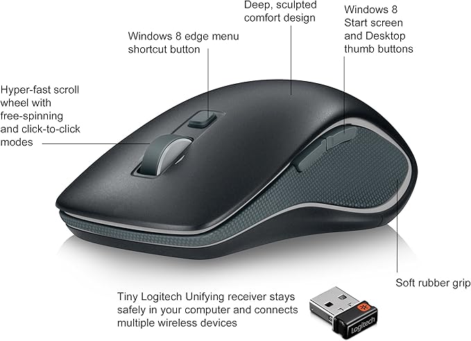 Logitech M560 Wireless Mouse – Hyper-fast Scrolling Full-Size Ergonomic Design for Right or Left Hand Use Microsoft Windows Shortcut Button and USB Unifying Receiver for Computers Black