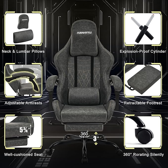 Gaming Chair Big and Tall Grey Leather Video Game Chairs with Footrest Padded Linkage Armrests &amp Large Headrest Ergonomic Computer Chair 350lbs for Adults Gaming or Office Use
