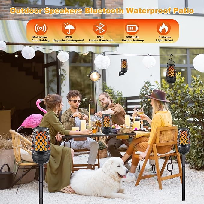 Upgraded Outdoor Bluetooth Speakers with Lights IPX6 Waterproof Flame Atmosphere Outdoor Speaker Auto-Pairing Multi-Sync up to 100 Speakers Cool Tech Gadget Gifts for Men Women Patio Garden Party