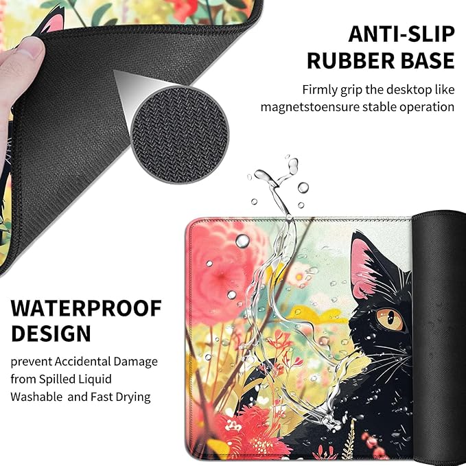 Mouse Pad Desk Mat Ergonomic Wrist Support Pad SetMouse Wrist Rest Keyboard Pad with Stitched Edges and Non Slip Base-Black Cat Pink Flowers Cartoon