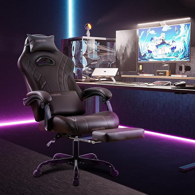 Gaming Chair with Footrest and Massage Lumbar Support Ergonomic Computer Gamer Chair Office Video Game Chairs with Adjustable Height and Backrest (Coffee)