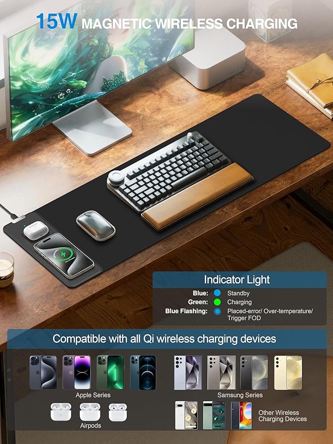 TopMade Mouse Pad with 15W Fast Wireless Charging 31.5x11.81 XL Large Gaming Mousepad Waterproof Desk Pad Classic Black Computer Desk Mat(Includes 20W PD Power Adapter &amp 6.56ft Woven Cable)