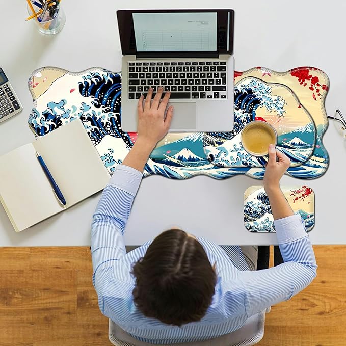 3-Piece Ergonomic Desk Mat and Cloud Wrist Rest Set Large 31.5 x 11.8 Wave Office Desk Pad with Memory Foam Support Non-Slip PU Computer Protector for Home Gaming &amp Writing Sunset Wave