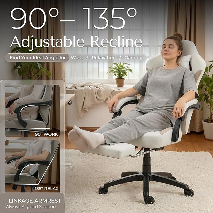Gaming Chair Fabric with Pocket Spring Custion Ergonomic High Back Video Game Chair with Footrest Massage Lumbar Support Height Adjustable Comfy Computer Chair for Adults Game Beige White