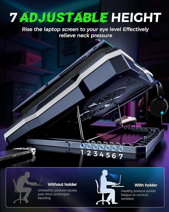 ChillCore RGB Gaming Laptop Cooling Pad with 5.5 Turbo Fan Rapid Cooling for 15.6-19.3 Laptops Variable Speed Control 7 Adjustable Heights - K1 5V RGB