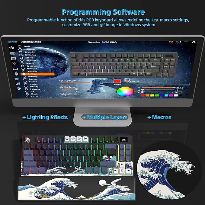 Womier 75% Wireless Mechanical Keyboard with Color Multimedia Screen Anime Gaming Creamy Keyboard 3-Modes Hot Swappable Kanagawa Theme Key Board w/Wrist Rest Gasket RGB Custom for Mac/Win (SK80 PRO)