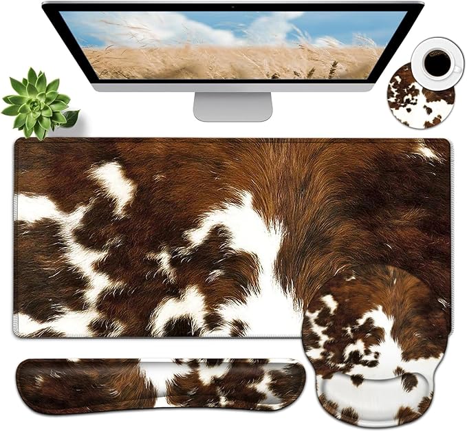 Large Mouse Pad Ergonomic Mouse Pad with Wrist Rest and Keyboard Wrist Rest 4 in 1 Set 31.5 x11.8 inch Extended Desk Pad for Home Office Faux Brown Cowhide Fur Pattern XXL Gaming Mouse Mat