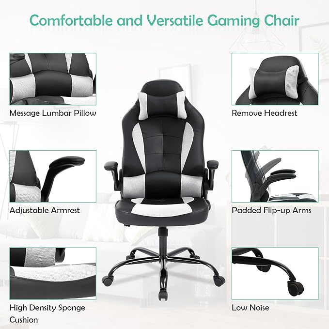 High Back PU Leather Office &amp Gaming Racing Chair - Comfortable &amp Heavy Duty - Headrest &amp Lumbar Support - Height Adjustable - Big &amp Tall Size - White