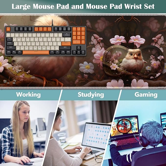 Large Game Mouse Pad + Wrist Support Pad + Coffee Coaster Desk Pad with Sewn Edges Anti-Slip Set pad Suitable for Office Work and Home - Cute Animals Birds Flowers