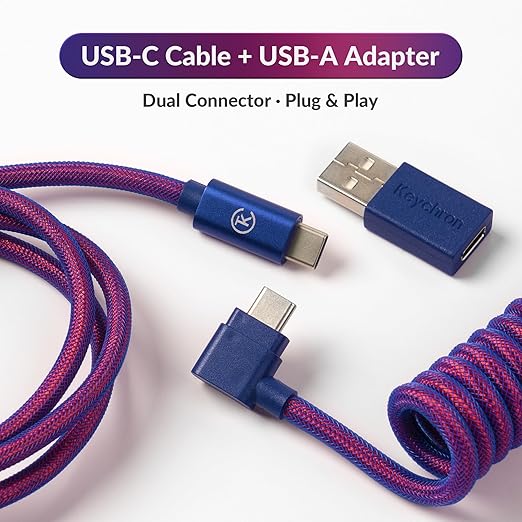 Keychron Premium Coiled USB-C Angled Purple Cable 5-Pin GX16 Detachable Metal Connector USB-A Adapter Double-Sleeved Design for Mechanical Keyboards Charging and Data Sync
