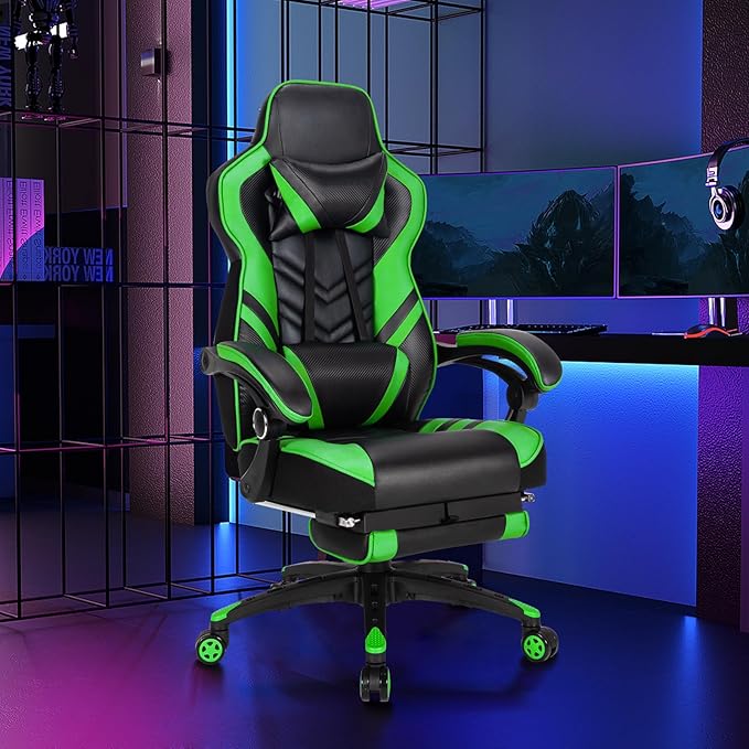 Goplus Gaming Chair Computer Chair with Footrest and Lumbar Support Height Adjustable Executive Swivel Rolling Task Chair with 90°-155° Tilt Function (Green)