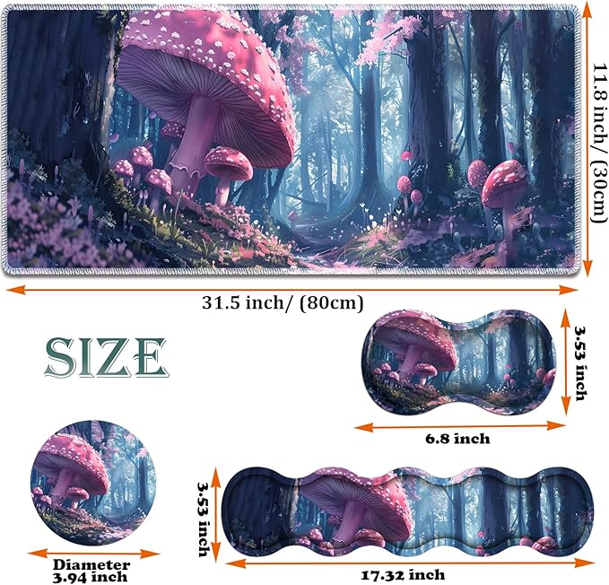 Large Gaming Mouse Pad + Keyboard Wrist Rest + Wrist Support + Coaster Set Memory Foam Ergonomic for Easy Typing XXL Extended Gaming Mouse Pad Table Pad - Mushroom Forest
