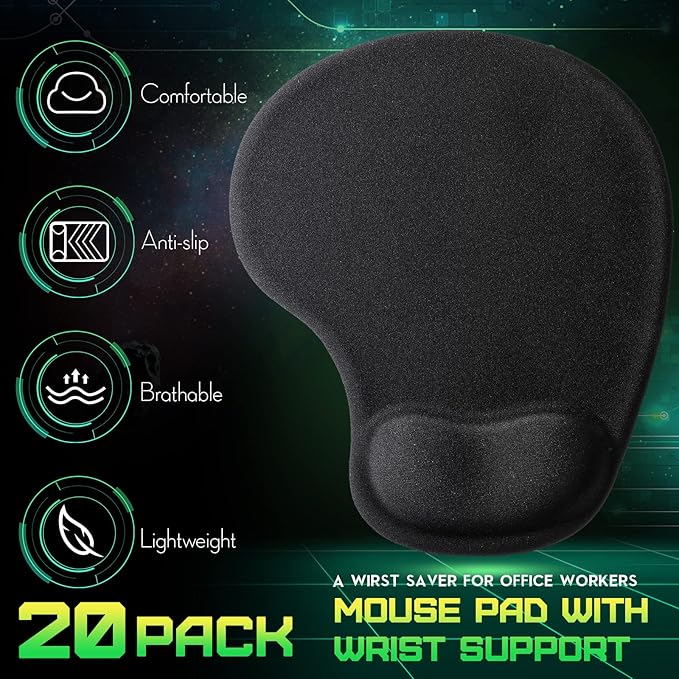 20 Pieces Ergonomic Mouse Pad with Wrist Support Gel Mouse Pad with Wrist Rest Black Pain Relief Comfortable Gaming Memory Foam Non Slip PU Base for Computer Laptop Home Office Travel