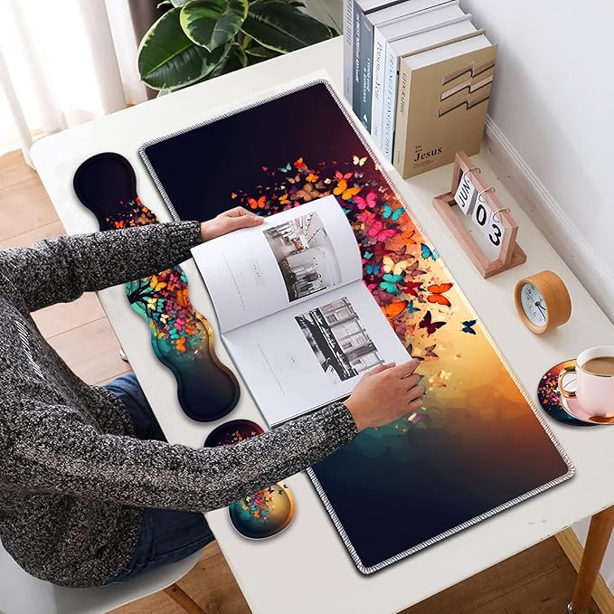 4 in 1 Mouse Pad Combo Large Gaming Mouse Pad + Keyboard Wrist Support + Mouse Wrist Rest + Coaster Table Pad 31.5 x 11.8 with Memory Foam Ergonomic Wrist Pad Set Colorful Tree Butterfly