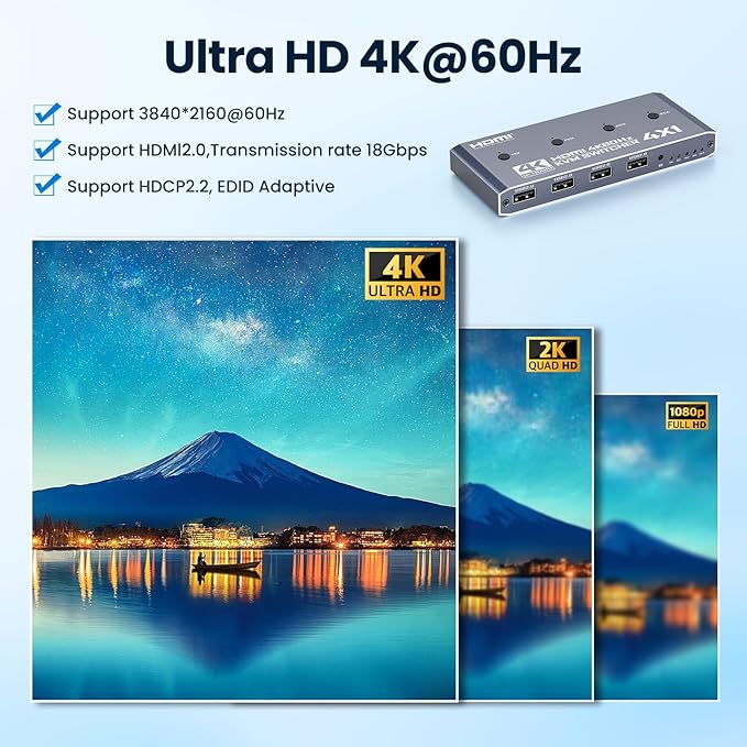 HDMI KVM Switch 4 Computer 4 Port HDMI USB Switch for 4 Computer Share a 4K@60Hz Monitor and 4 USB Devices Keyboard Mouse Printer Includes 4 KVM Cables &amp Remote Controller (no Batteries)