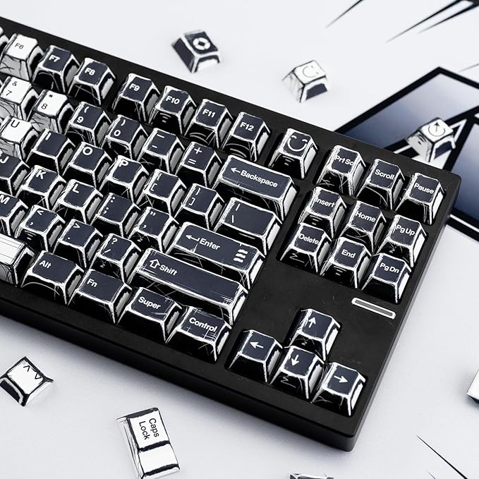 Black and White Manga Theme Keycaps 136 Keys Dye-Sublimation PBT Custom Keycap Set Cherry Profile Keyboard Keycaps for 60% 65% 70% 75% 100% Cherry Gateron MX Switches Mechanical Keyboard