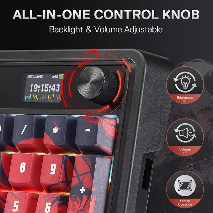 Redragon K719 PRO Wireless Gasket Gaming Keyboard w/Hype Screen &amp Knob 95 Keys Mechanical Keyboard Easy-Control 1.14’’ TFT Info Display 5-Layer Noise Dampening Custom Linear Switch Anime Edit
