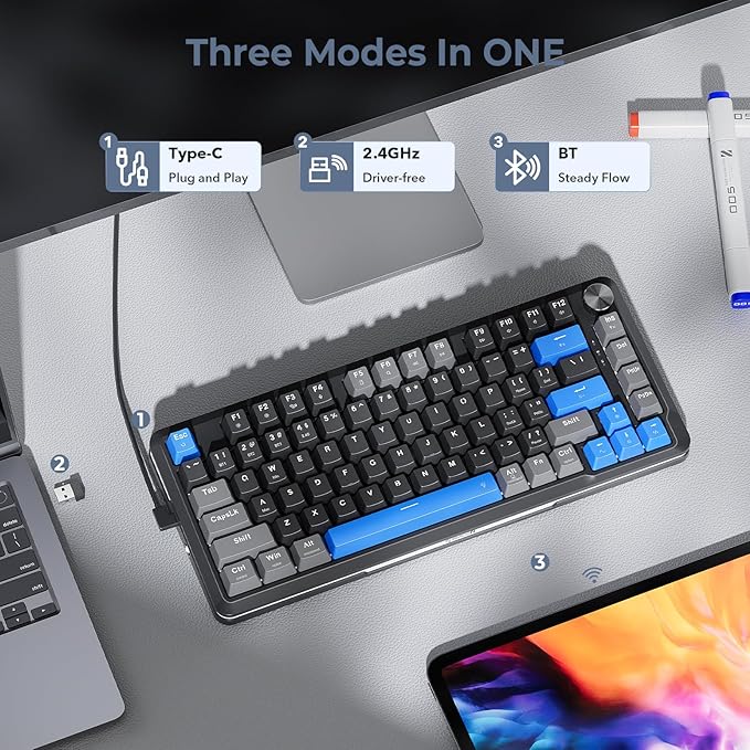 Redragon K681 Wireless Mechanical Keyboard Gasket Mounted RGB Gaming Keyboard with Volume Knob MDA-Profile Pre-Lubed Linear Switches 81 Keys 75％ Tri-Mode Hot Swappable for PC/Xbox/Ps4/5 (Blue)