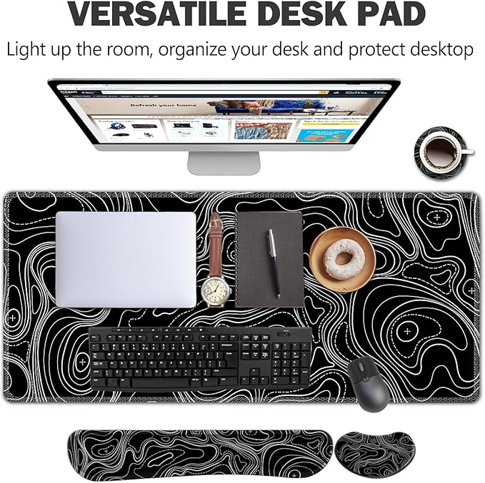 AIMSA Keyboard Mouse Pad Set Large Gaming Mouse Pad +Wrist Rest Mouse Pad +Keyboard Wrist Support +Coaster 35x15.7 inch Extended Desk Mat for Easy Typing Pain Relief (Black Topographic)