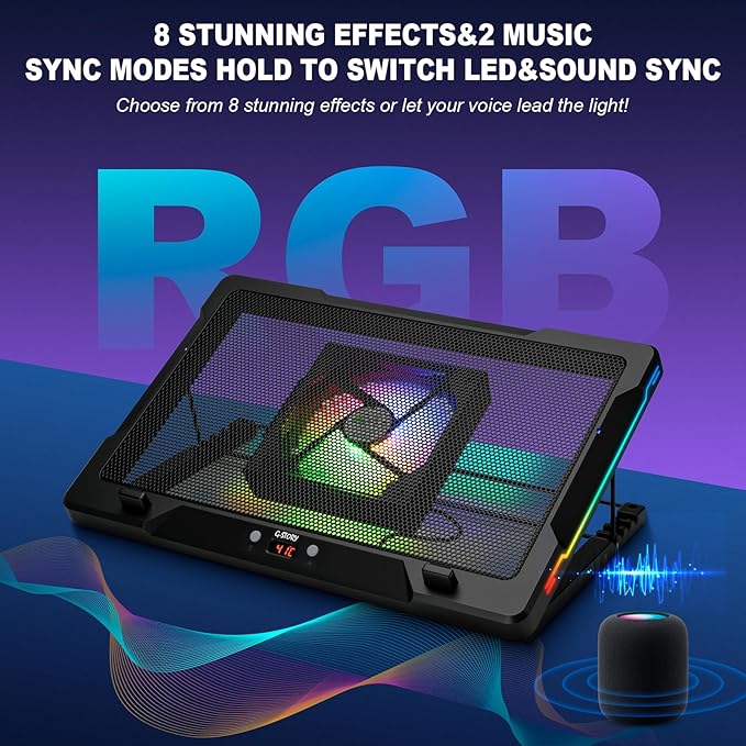 G-STORY Gaming Laptop Cooling Pad with Movable Fan and Automatic Speed Adjustable by TemperatureMusic Sync RGB LightLow Noise Laptop Cooler 3 Speed 1500/1750/2000RPM(140MM) Stand 12–18 Notebook
