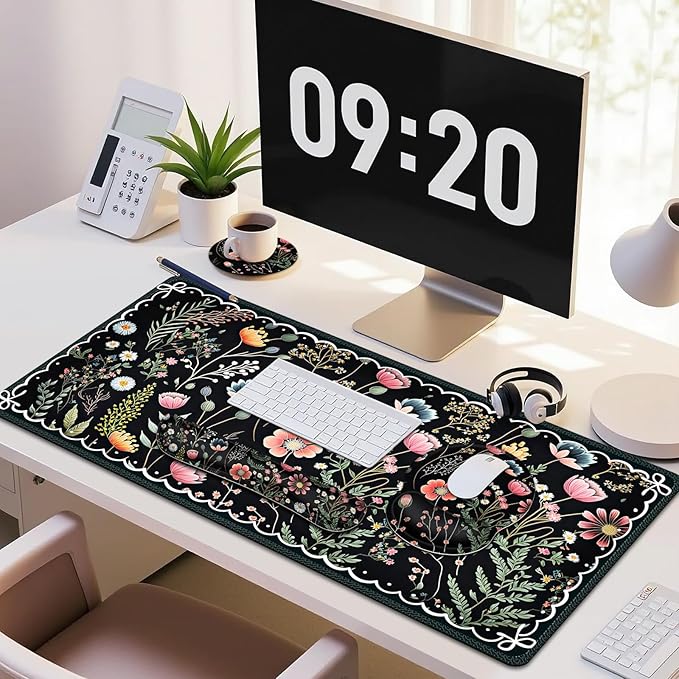Flower Desk Mat 4in1 Large Mouse Pad with Wrist Rest Desk Matt for Desktop Desk Pad Mat Anti-Slip XXL Computer Ergonomic Mousepad with Wrist Support for Keyboard and Mouse I Black Florals Weeds