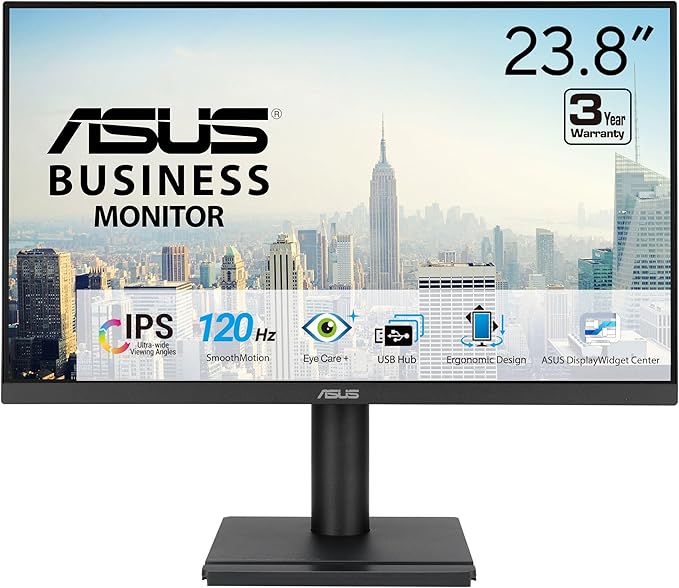ASUS 24” 1080P Business Monitor (VA249QGS) - IPS Full HD Frameless 120Hz Adaptive-Sync 1ms HDMI DisplayPort VGA Eye Care Low Blue Light Ergonomic VESA Wall Mountable 3 yr Warranty