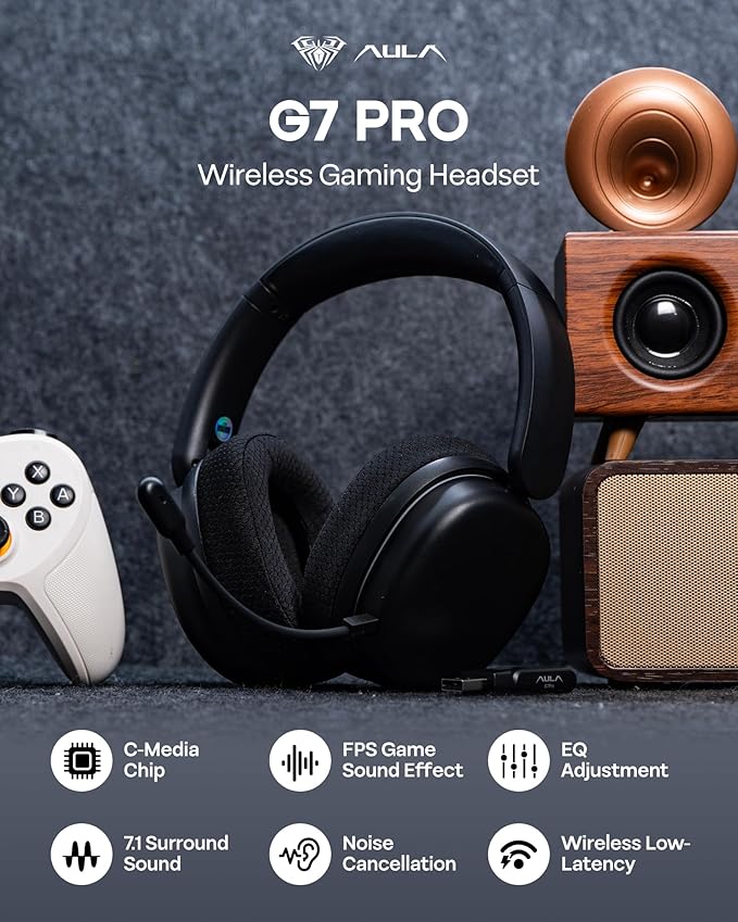 EPOMAKER X Aula G7 Pro Wireless Gaming Headset Dual Mode BT5.3 &amp 2.4GHz 7.1 Surround Sound 80+ Hour Battery RGB Light with Noise Canceling Mic for PS5 PS4 Switch PC (Black)