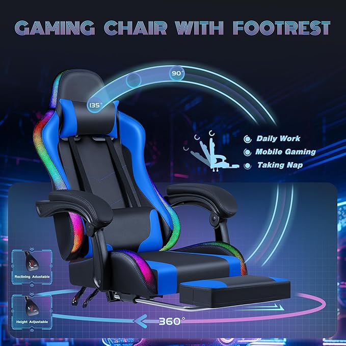 Furmax Gaming Chair with RGB LED Lights Video Game Chair with Footrest and Massage Lumbar Support High Back Reclining Computer Chair with Headrest Swivel Seat Gamer Chair (LED Blue)