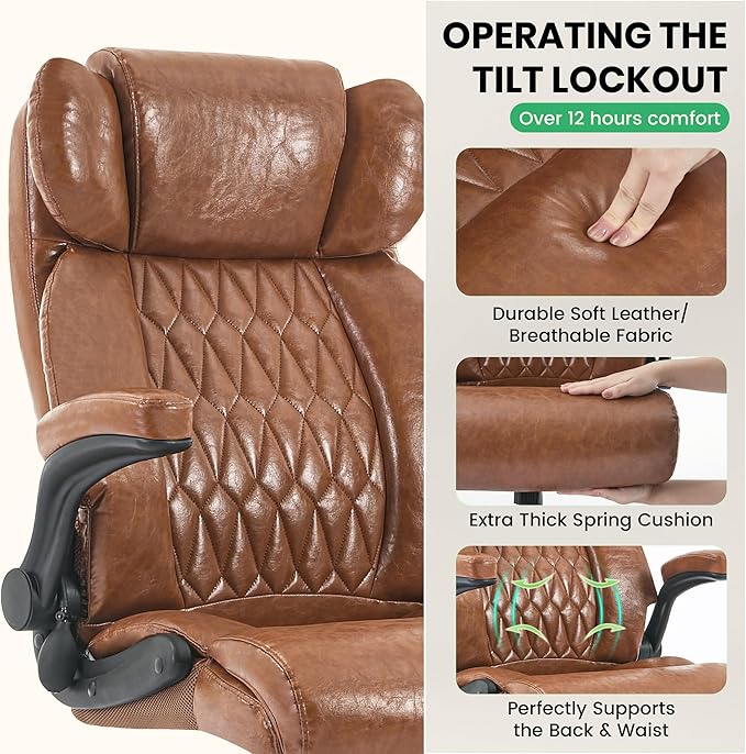 500lbs Big and Tall Office Chair Adjustable Lumbar Support for Back Pain Extra Wide Seat Executive Office Chair Thick Armrest Pad Heavy Duty Base&ampUpgraded Wheels Ergonomic Comfy Computer Desk C