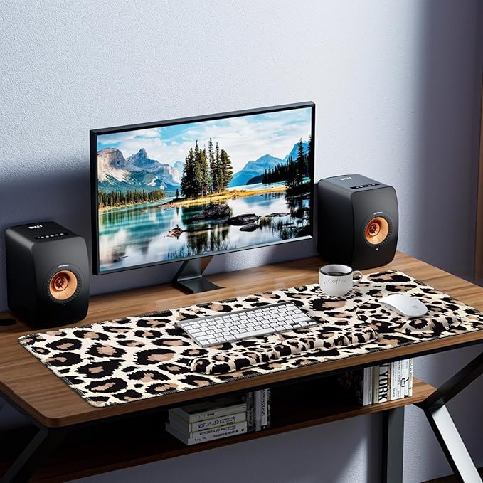 iLeadon Mouse Pad Set Desk Mat + Mouse Pad with Wrist Rest + Keyboard Wrist Rest + Coaster 4in1 Leopard Mouse and Keyboard Pad Set for Home Office Classic Leopard