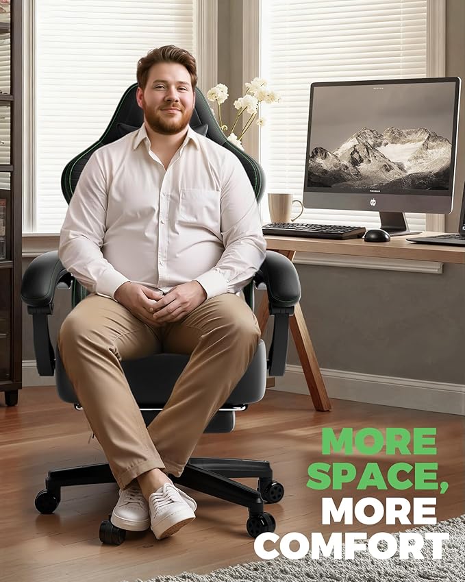 GTPLAYER Big and Tall Gaming Chair with Footrest Extra Wide Seat Video Game Chairs for Adults - Padded High Back Ergonomic Reclining Silla Gamer Linkage Armrest Ace Pro Green