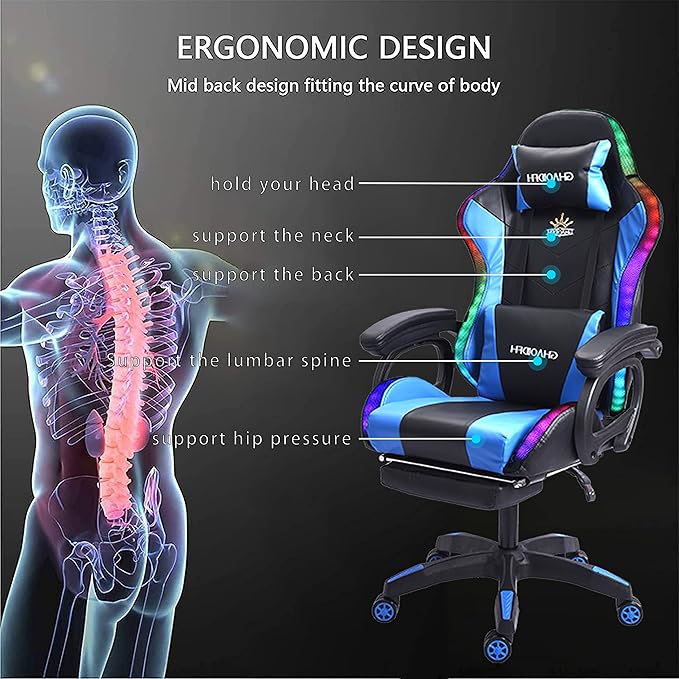 TBQATNTS Video Gaming Chair with Speaker and RBG Light Ergonomic Computer Chair with Massage Function Comfortable Computer Recliner with Footrest and Lumbar SupportGaming Chair for Adults Kids.Blu