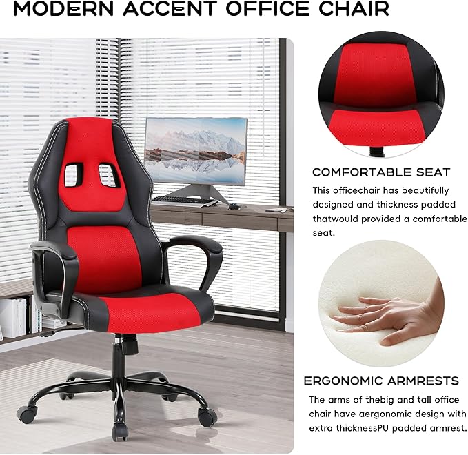 MKDLUFEI Video Game ChairErgonomic Office Chair Desk Chair and Lumbar Support PU Leather Recliner with HeadrestHeight Adjustable Computer Chair for Adults (RED)