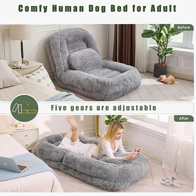 Floor Chair with Back Support Human Dog Bed with 5 Adjustable Position Convertible Lazy Floor Lounger Comfy Gaming Chair Plush Folding Sofa Bed for Adult Living Room Bedroom Light Gray