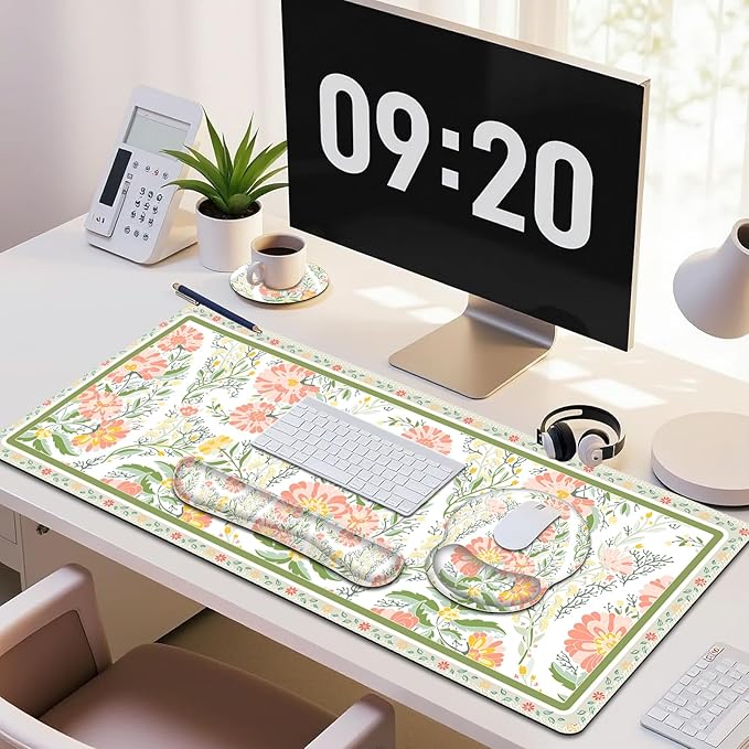 Desk Mat 4in1 Large Mouse Pad with Wrist Rest Cute Desk Matt for Desktop Deskpad Mat Anti-Slip XXL Computer Ergonomic Mousepad with Wrist Support for Keyboard and Mouse I Elegant Daisy Florals