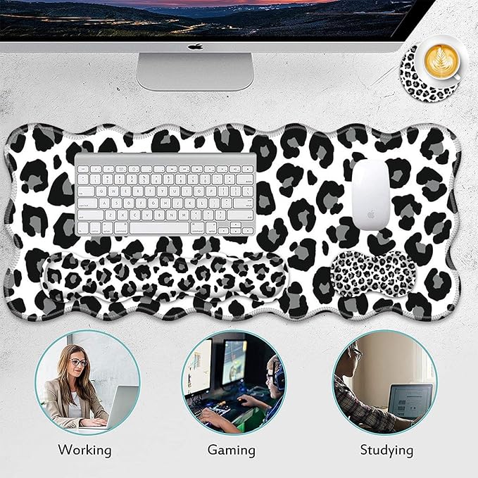 4 in 1 Desk Mat SetMouse Pad with Keyboard Wrist RestWave-Shaped DesignNon-Slip Rubber BaseWaterprooffor HomeOfficeGamingBlack and White Leopard Print