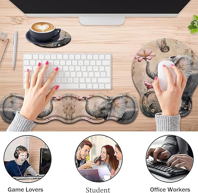 Keyboard Wrist Support + Wrist Mousepad + Coaster Combination Non-Slip PU Base with Gel Memory Mousepad Suitable for Gaming Office Pain Relief Mousepad Set - Cute Little Elephant Flower