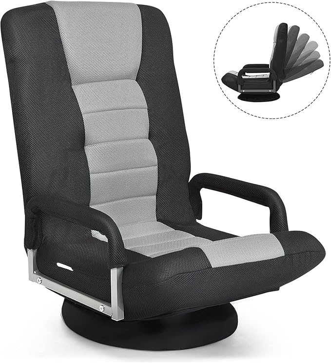 ERGOMASTER 360 Degree Swivel Video Gaming Floor Chair w/Armrests Adjustable 6-Position Folding Floor Chair Padded Backrest for Game Reading (Grey/Black)