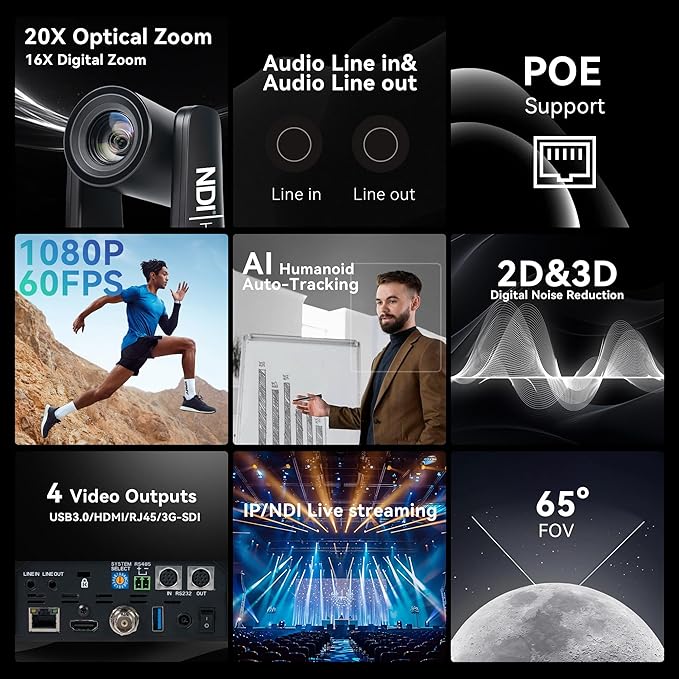TONGVEO NDI PTZ Camera with AI Auto-Tracking: 20X Optical Zoom HDMI SDI USB PoE IP 1080P 60fps Video Camera for Live Streaming Conference Room Webcam for Church Worship OBS