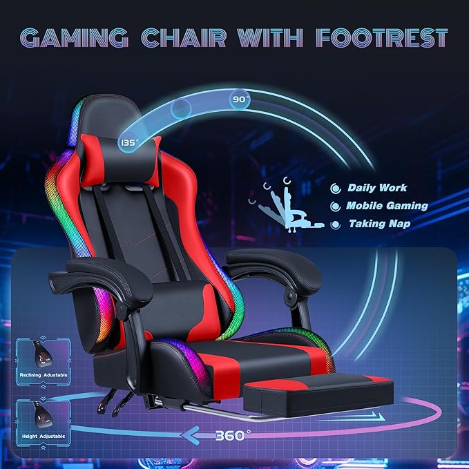 Furmax Gaming Chair with RGB LED Lights Video Game Chair with Footrest and Massage Lumbar Support High Back Reclining Computer Chair with Headrest Swivel Seat Gamer Chair (LED Red)