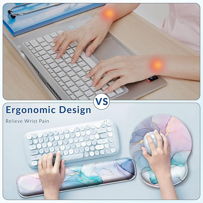 Desk Mat Set + Keyboard and Mouse Pad with Wrist Rest Support4-in-1 Large Mousepad Computer Mats for Desktop Home &amp Office-Golden Blue Marble