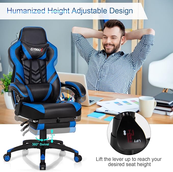 GYMAX Gaming Chair Ergonomic Computer Chair with Footrest Linkage Armrests &amp Lumbar Cushion Big Wide High Back Video Gaming Chair Reclining Office Rolling Chair for Adult/Teens (Blue)