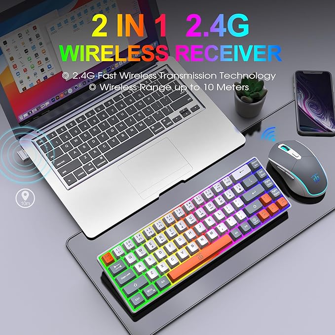 Snpurdiri 60% Wireless Gaming Keyboard and Mouse ComboRainbow Backlit Rechargeable 2000mAh BatteryMini Mechanical Feel Keyboard +Popular RGB Mice for GamingBusiness Office(Gray-White-Orange)